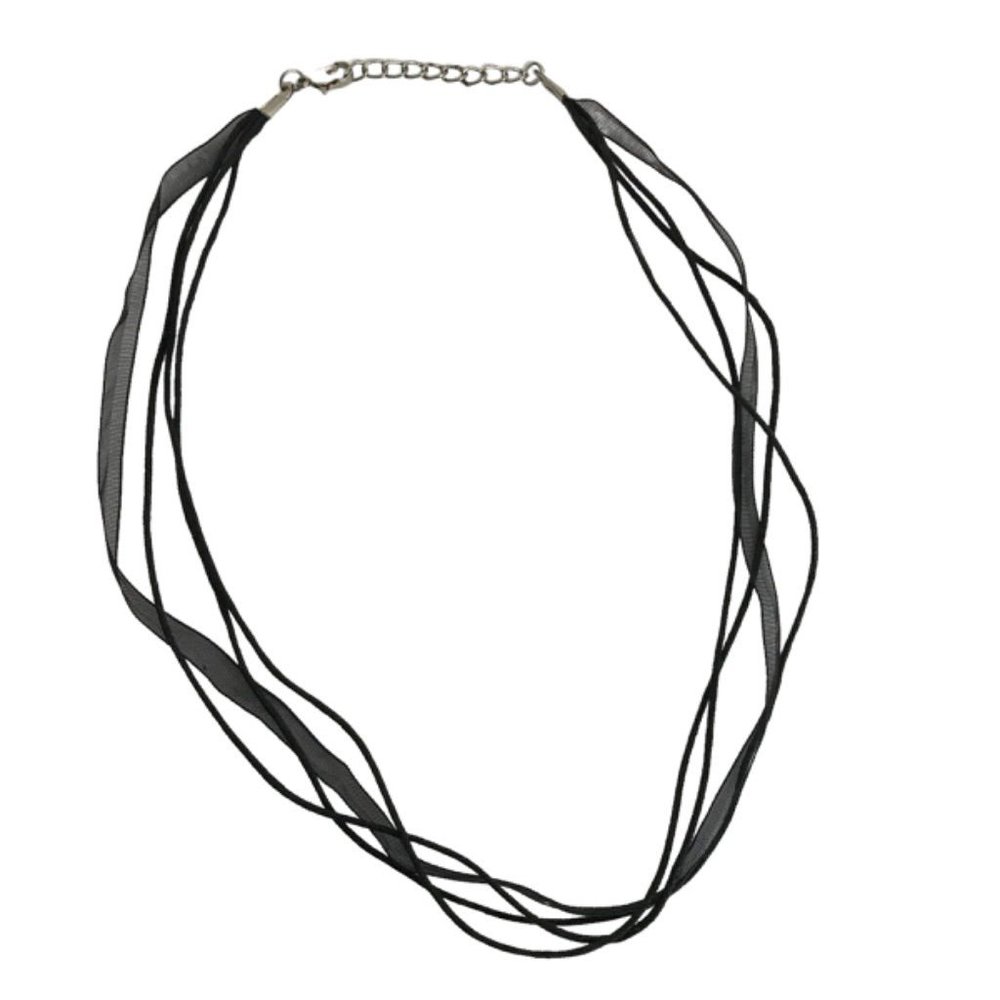 4 Strand Ribbon and Black Cord 18"‎ Necklace Silvertone Clasp